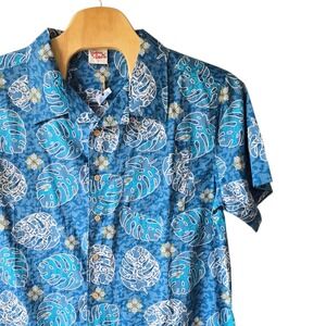 Barefoot In Paradise Mens XL Blue Monstera Leaf Floral Cotton Hawaiian Shirt NEW